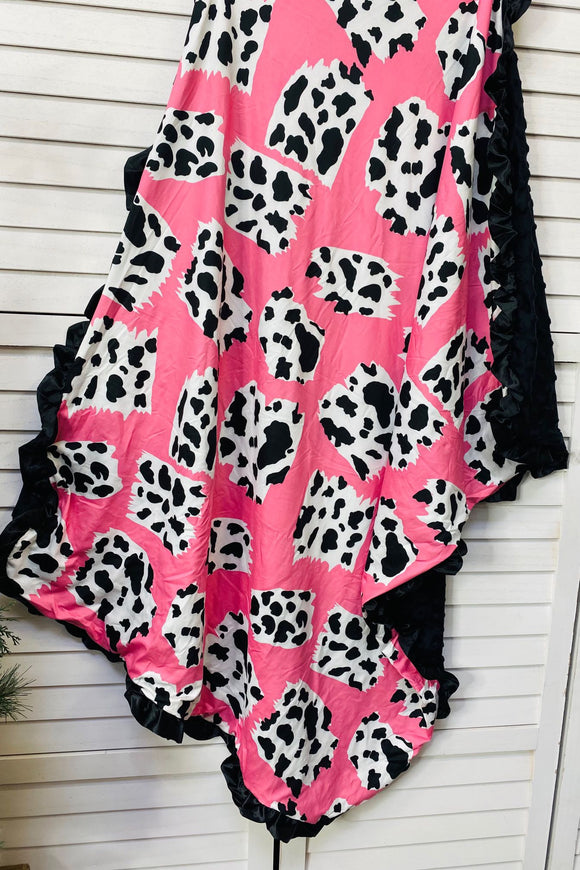 DLH2656 Cow printed w/ruffle reversible minky baby banket 29.5IN BY 39.4IN