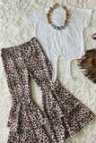 Western White tie top leopard double ruffle bell bottom girls boutique set DLH2697 (A6S1)