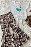 Western White tie top leopard double ruffle bell bottom girls boutique set DLH2697 (A6S1)