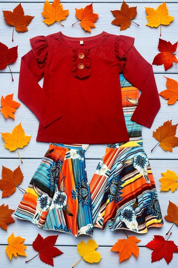 Burgundy long sleeve top & serape bell bottom 2pcs girls sets DLH2700 (A8S7)