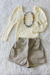 DLH2717 Cream knit long sleeve top & Leather shorts girls sets