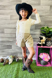DLH2717 Cream long sleeve top & Leather shorts 2pc sets