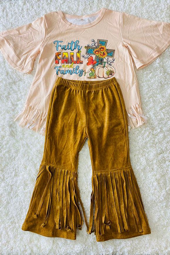 DLH2719 Kids Brown Suede bell bottom w/fringe