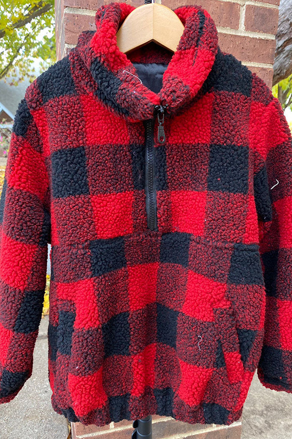 DLH2729 Kids Red/Black plaid sherpa long sleeve pullover w/zipper and pocket