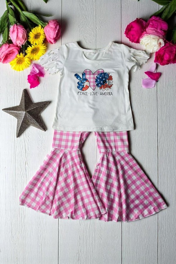 Kids clothing wholesale 4th July PEACE LOVE AMERICA white top & pink plaid pant 2pc sets DLH2740