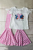 Kids clothing wholesale 4th July PEACE LOVE AMERICA white top & pink plaid pant 2pc sets DLH2740