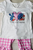 Kids clothing wholesale 4th July PEACE LOVE AMERICA white top & pink plaid pant 2pc sets DLH2740