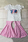 Kids clothing wholesale 4th July PEACE LOVE AMERICA white top & pink plaid pant 2pc sets DLH2740