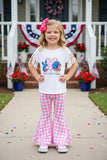 4th July PEACE LOVE AMERICA white top & pink plaid pant 2pc girls sets DLH2740 A9S6