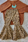 DLH2744 Brown leopard denim bell bottom jeans girls pant