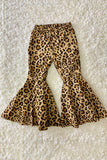 DLH2744 Brown leopard denim bell bottom jeans girls pant