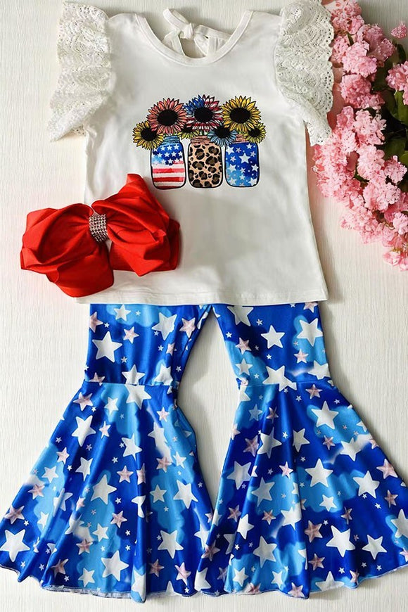 Girls sets suppliers 4th July flower printed lace sleeve top & pant 2pc DLH2751