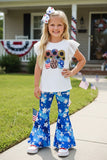 4th July flower printed lace sleeve top & pant 2pc girls set DLH2751 A9S7