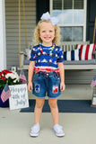 4th of July USA flag short sleeve top & patch denim shorts girls sets DLH2775 A9S4