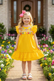 DLH2776 Floral embroidery yellow short sleeve girls dress with tassels