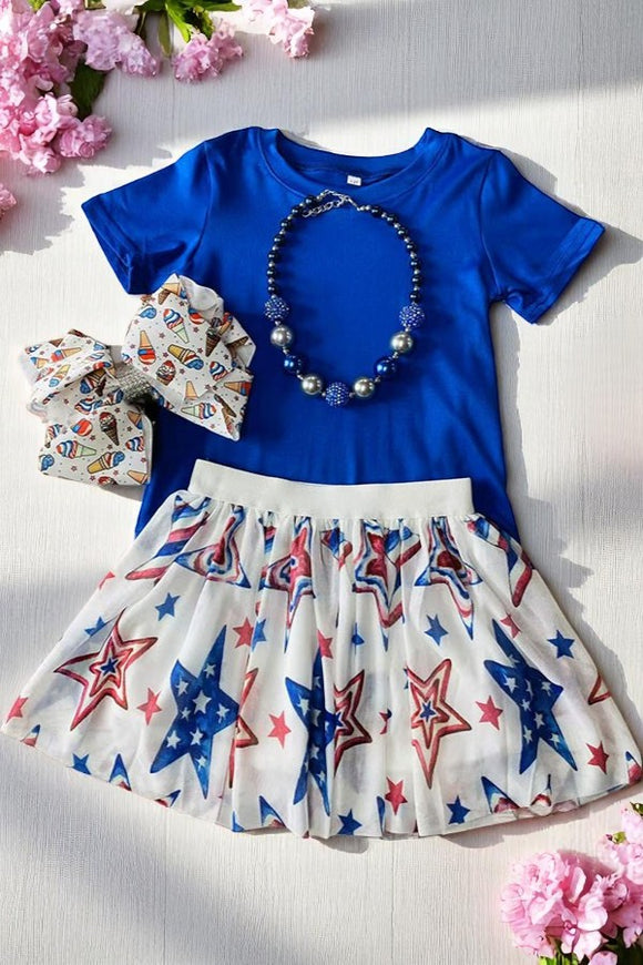 Children's clothing sets wholesale Royal blue & stars prints skirts 2pc sets DLH2777