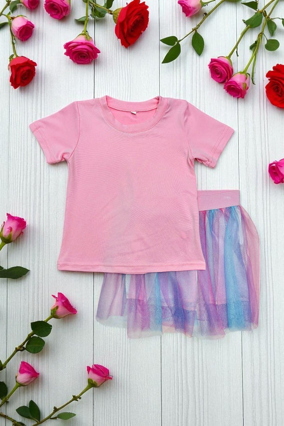 Pink short sleeve top & multi color mesh skirt 2pc girls sets DLH2779 (A4S8)