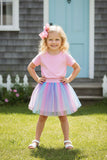 Pink short sleeve top & multi color mesh skirt 2pc girls sets DLH2779 (A4S8)