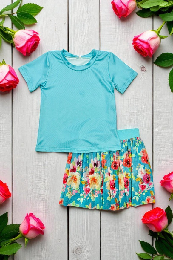 Aqua short sleeve top & floral mesh skirt 2pc girls sets DLH2784 (A4S9)