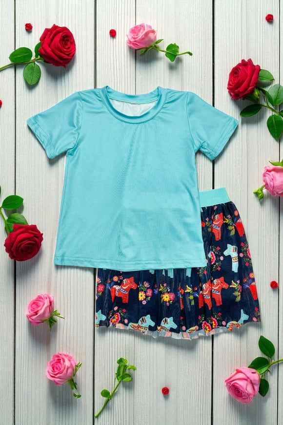 Aqua short sleeve top western horse navy mesh skirt summer girls sets DLH2788 (A4S8)