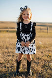 Western cow print black ribbed knitted fabric girls boutique dress DLH2812 (A2S6)