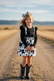Western cow print black ribbed knitted fabric girls boutique dress DLH2812 (A2S6)