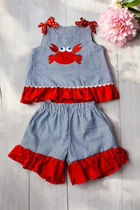 Children's boutique clothing wholesale red crab embroidery shorts 2pc sets DLH2846