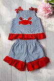 Children's boutique clothing wholesale red crab embroidery shorts 2pc sets DLH2846