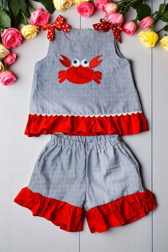 Children's boutique clothing wholesale red crab embroidery shorts 2pc sets DLH2846