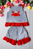 Children's boutique clothing wholesale red crab embroidery shorts 2pc sets DLH2846