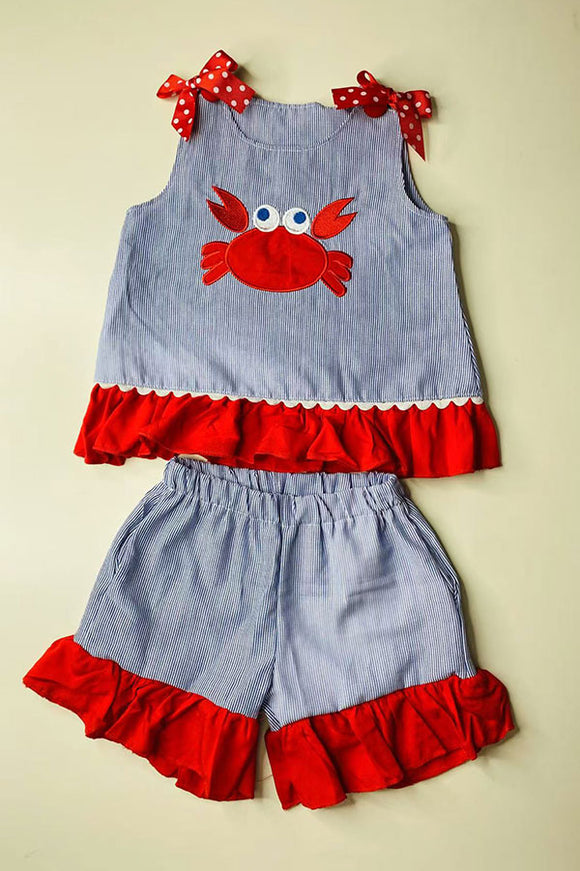 Children's boutique clothing wholesale red crab embroidery shorts 2pc sets DLH2846