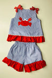 Children's boutique clothing wholesale red crab embroidery shorts 2pc sets DLH2846