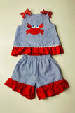 Children's boutique clothing wholesale red crab embroidery shorts 2pc sets DLH2846