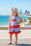 Trendy blue stripe red crab embroidery top & shorts girls boutique set DLH2846 (A4S2)