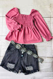 Wholesale girls top Fushcia elastic front long sleeve kids clothing DLH2847