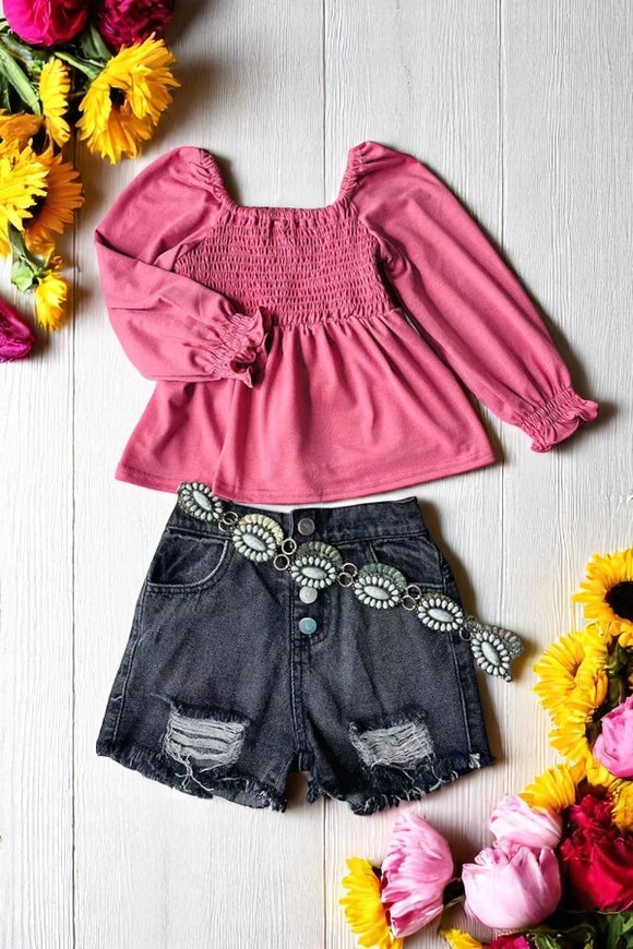Wholesale girls top Fushcia elastic front long sleeve kids clothing DLH2847