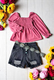 Wholesale girls top Fushcia elastic front long sleeve kids clothing DLH2847