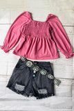 Wholesale girls top Fushcia elastic front long sleeve kids clothing DLH2847