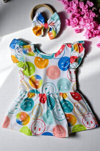 Baby romper wholesale Multi color smile face prints & ruffle short sleeves DLH2851