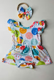 Baby romper wholesale Multi color smile face prints & ruffle short sleeves DLH2851
