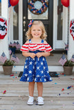 Girls dress wholesale 4th July red stripes & blue stars prints & off shoulder DLH2870 A9S2