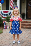 Girls dress wholesale 4th July red stripes & blue stars prints & off shoulder DLH2870 A9S2