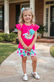 Trendy Fuchsia top & floral prints shorts girls boutique sets DLH2873 (A6S1)