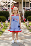 HAPPY 4th july & AMERICAN flag embroidery & blue stripes girls dress DLH2874 A9S3