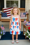 4th July red white blue bow prints sleeveless swirl girls dress DLH2875 A9S2