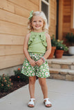 Trendy Green ribbed knitted fabric halter top & floral printed shorts 3pcs girls boutique sets DLH2880 (A4S2)