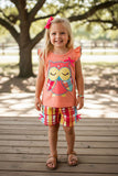 Chic plaid owl embroidery coral top & shorts girls boutique sets DLH2883 A3S5