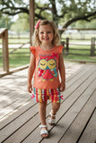 Chic plaid owl embroidery coral top & shorts girls boutique sets DLH2883 A3S5