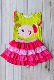 Cute fish printed ruffle short sleeves top & pink skirt 2pc girls set DLH2889