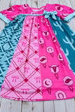 Western turquoise pink patchwork short sleeve girls boutique dress DLH2892